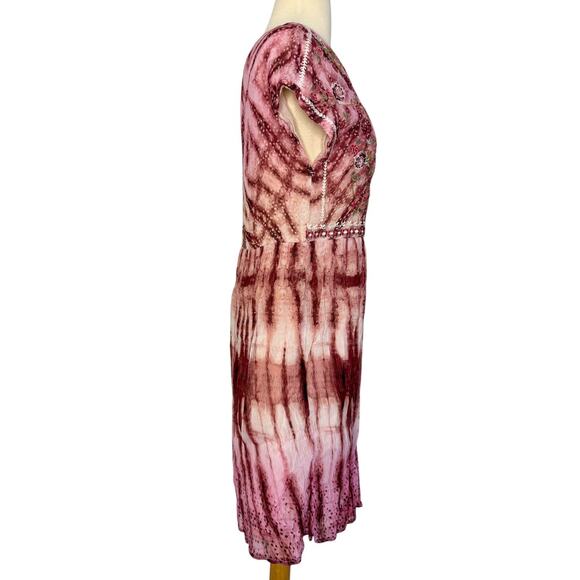 SUNDANCE Gemi Embroidered Floral Pink Tie Dye Boho Midi Dress Size XS NEW - Picture 6 of 12